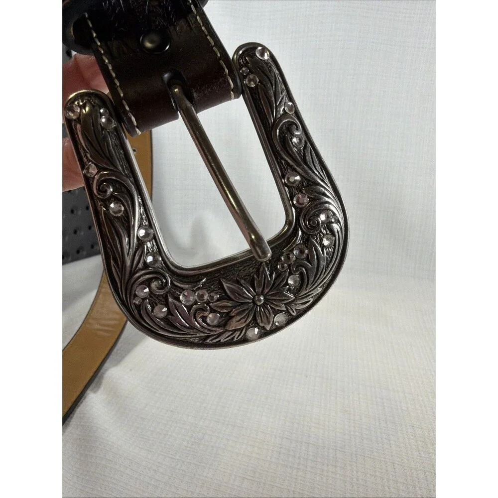 Ariat Womens Turquoise Inlay Floral Tooled Leather Belt Studded Western Buckle